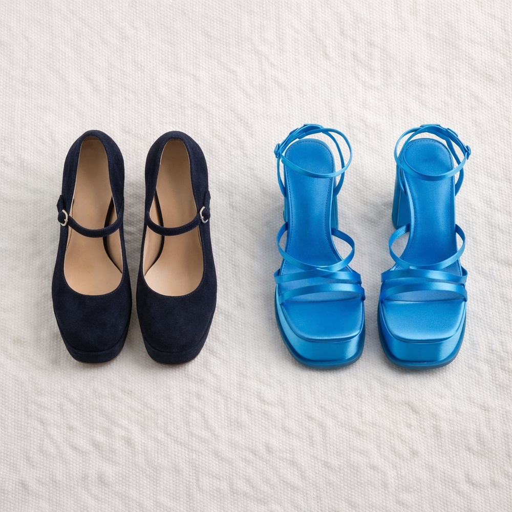 Lot of 2 chunky heel Mary Jane platform Elegant Blue and Black Women's Shoes